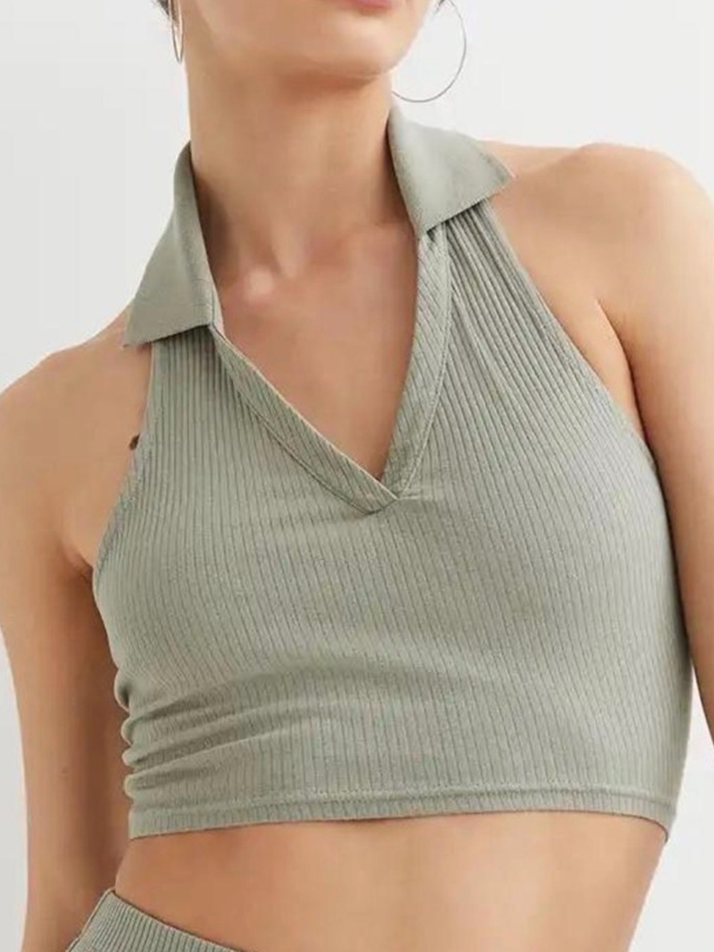H&M Ribbed Halter Collared Crop Top - Sage Green